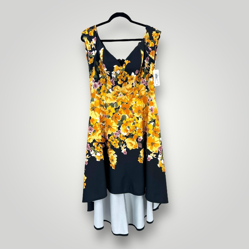 NEW Premier Amour Dress Womens 16 Black Yellow Floral Sleeveless Midi Hi Low $89